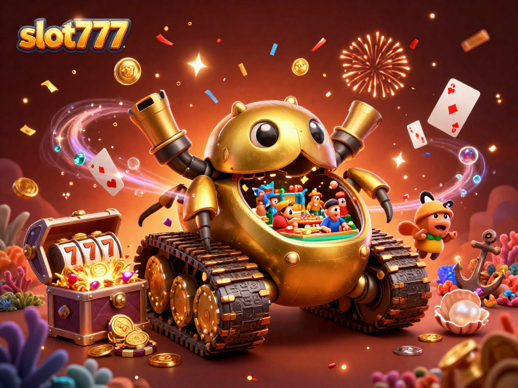 Experience the excitement of slot777 with a lively casino inside a golden beetle tank.