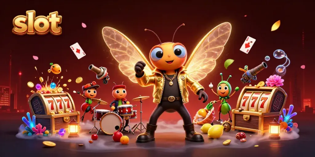 Slot mesin yang menyenangkan dengan cicada rock star dan drum beetle dalam suasana ceria di bawah laut