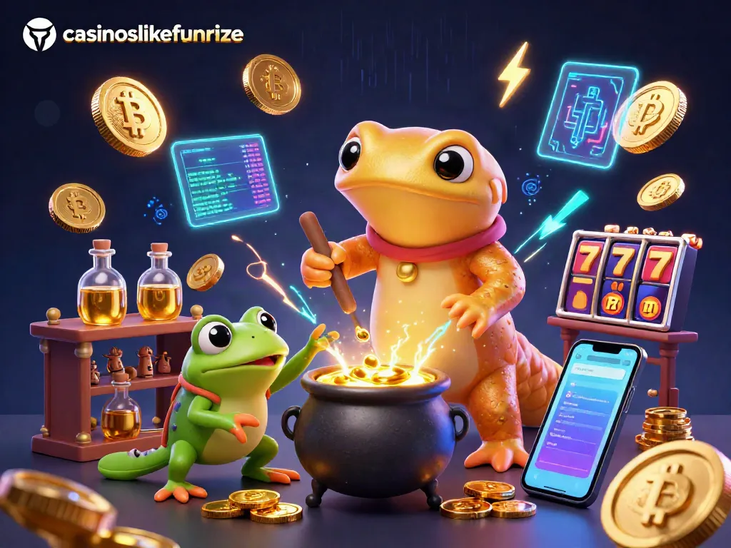 Experience the excitement at casinoslikefunrize with a dynamic 3D casino scene filled with golden coins and engaging game elements.