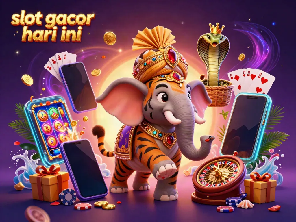 Engage with the energetic world of slot gacor hari ini through a vibrant casino-themed illustration featuring a cartoon maharaja tiger and a jewel-encrusted elephant.