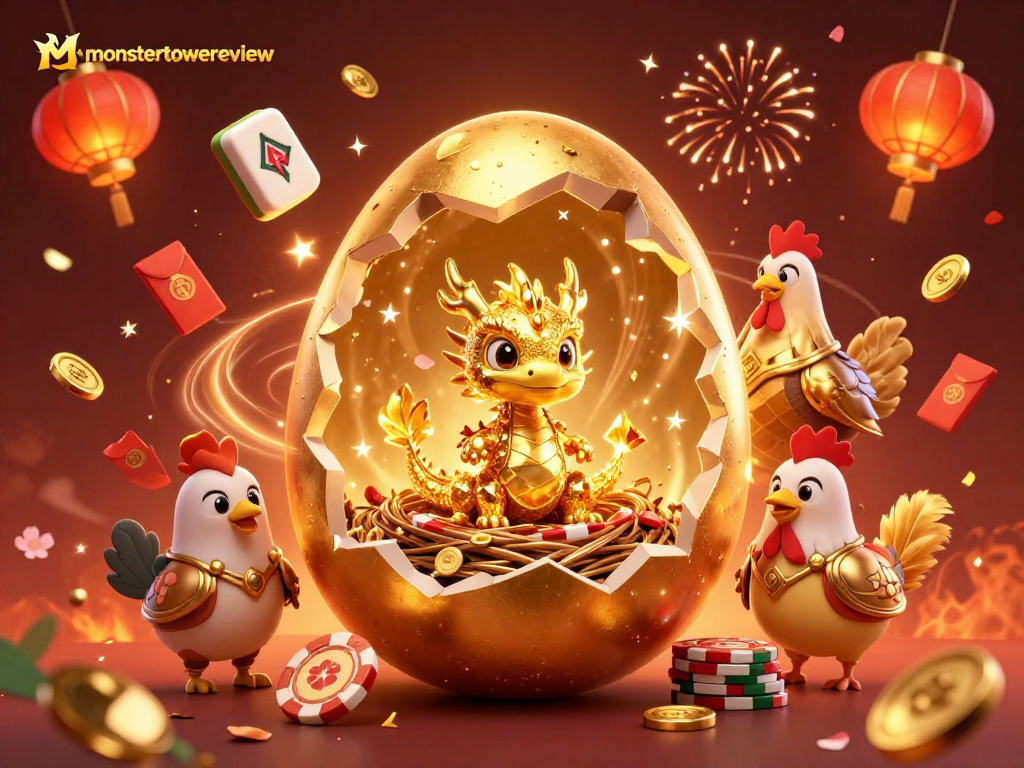 Engage in strategies at monstertowerreview with a gold dragon and poker chips amidst festive décor.