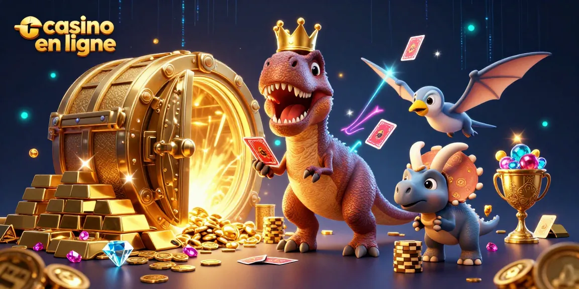 Les personnages de casino en ligne jouent avec des cartes et des jetons dorés dans une illustration animée.