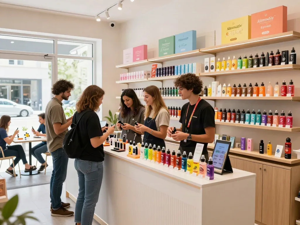 Alternativ ejuice display in a vibrant vape shop with customers sampling flavors.