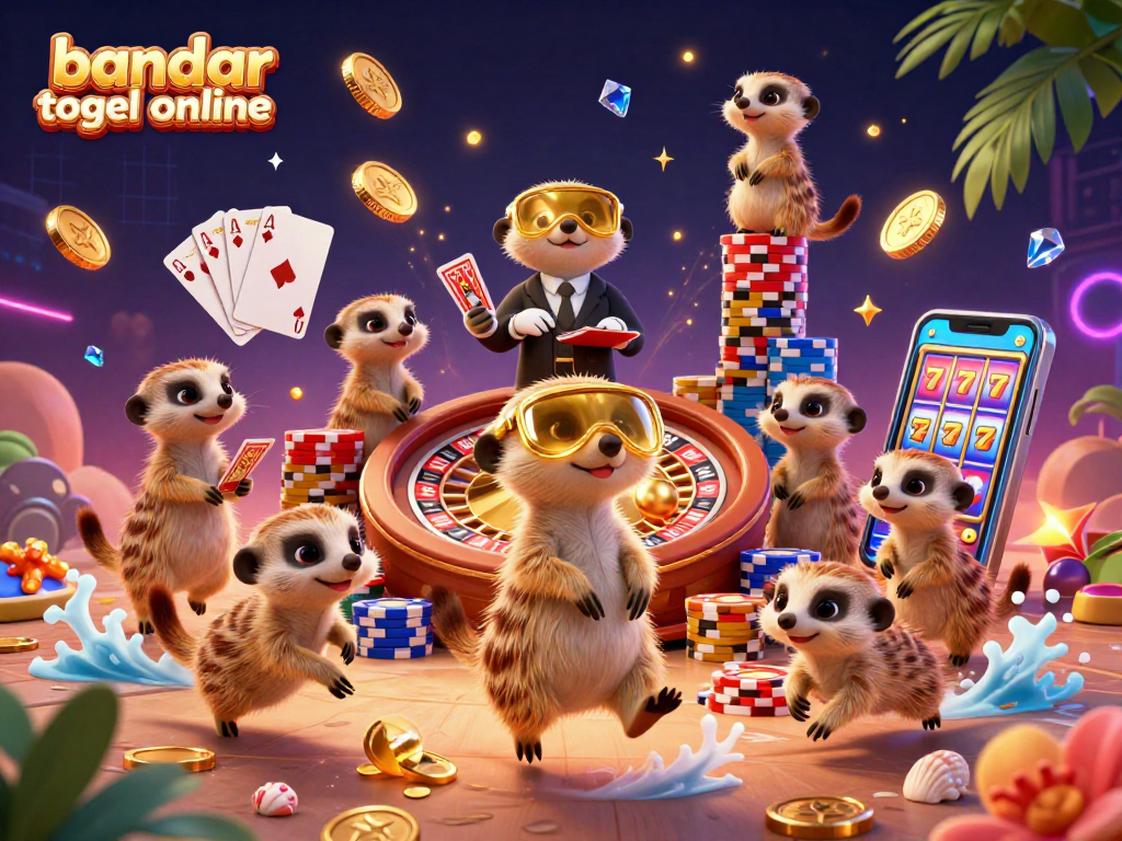 Engage in bandar togel online with adorable meerkats managing a bustling casino scene filled with excitement and vibrant elements.