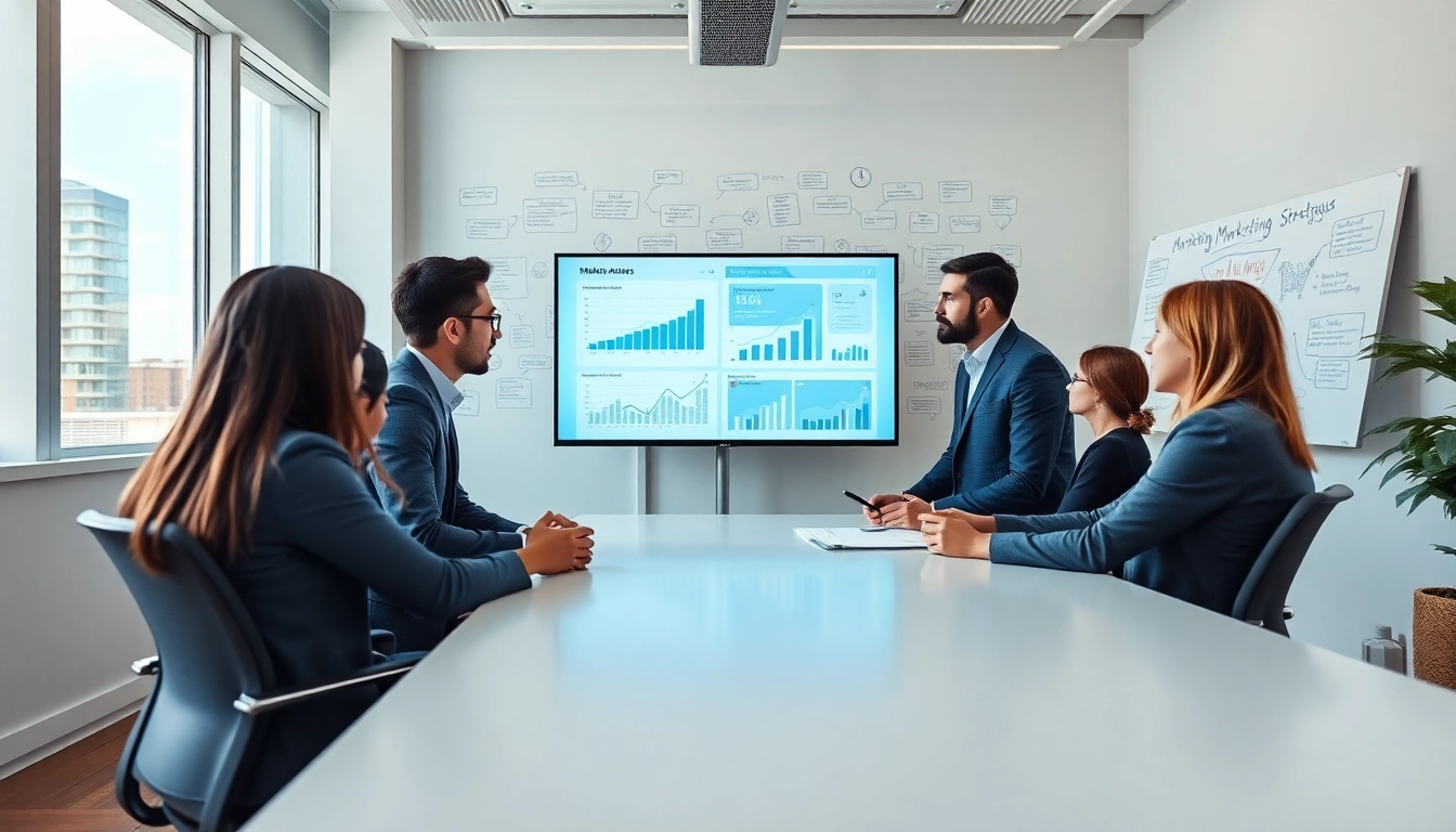 Marketing director collaborating with a team, analyzing marketing strategies in a bright office.