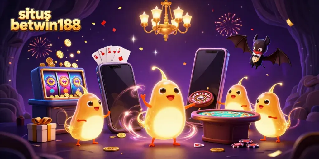 Mainkan situs betwin188 dengan gambar 3D menarik yang menampilkan kasino dengan karakter bersinar.