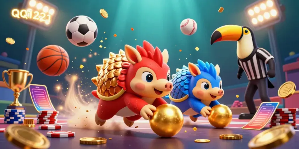 Experience the competitive thrill of QQ1221 with vibrant pangolins rolling golden balls and flying sports elements.