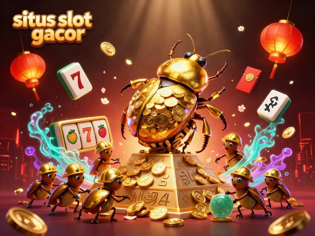 Discover situs slot gacor with this vibrant scene featuring a golden beetle and dynamic casino symbols.