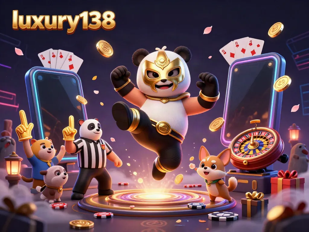 Experience the excitement at luxury138 with a vibrant casino scene featuring dynamic animal characters.