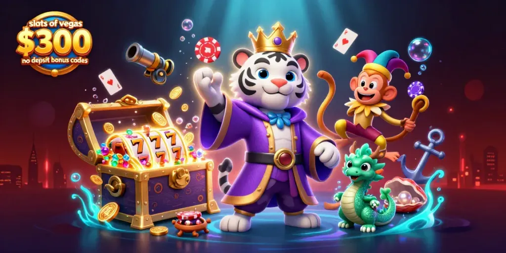 Engage with slots of vegas $300 no deposit bonus codes in this vibrant 3D casino-themed illustration.