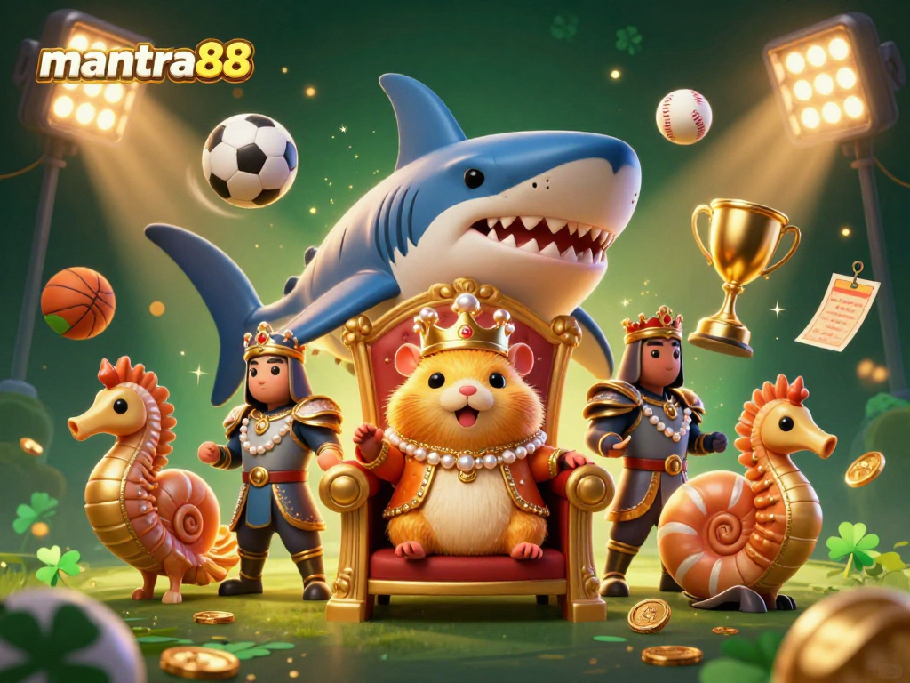 Experience the excitement of mantra88 sports betting with a dynamic scene featuring a golden hamster king and thrilling sports elements.