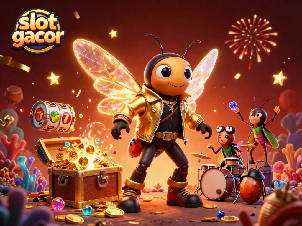 Experience the excitement of slot gacor with vibrant scenes featuring a rock star and colorful symbols.