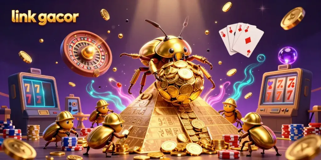 Engage with link gacor by enjoying a vibrant casino experience featuring golden coins, gaming elements, and cheerful beetles.