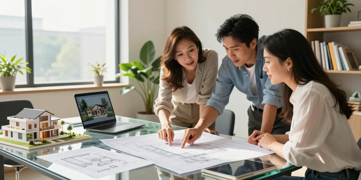 A reunião do cliente com a woningunie em um escritório de arquitetura moderno, com foco na apresentação de projetos de casas.