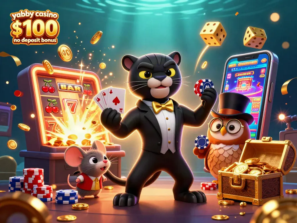 Claim your yabby casino $100 no deposit bonus with 3D characters celebrating in a vibrant gaming scene.