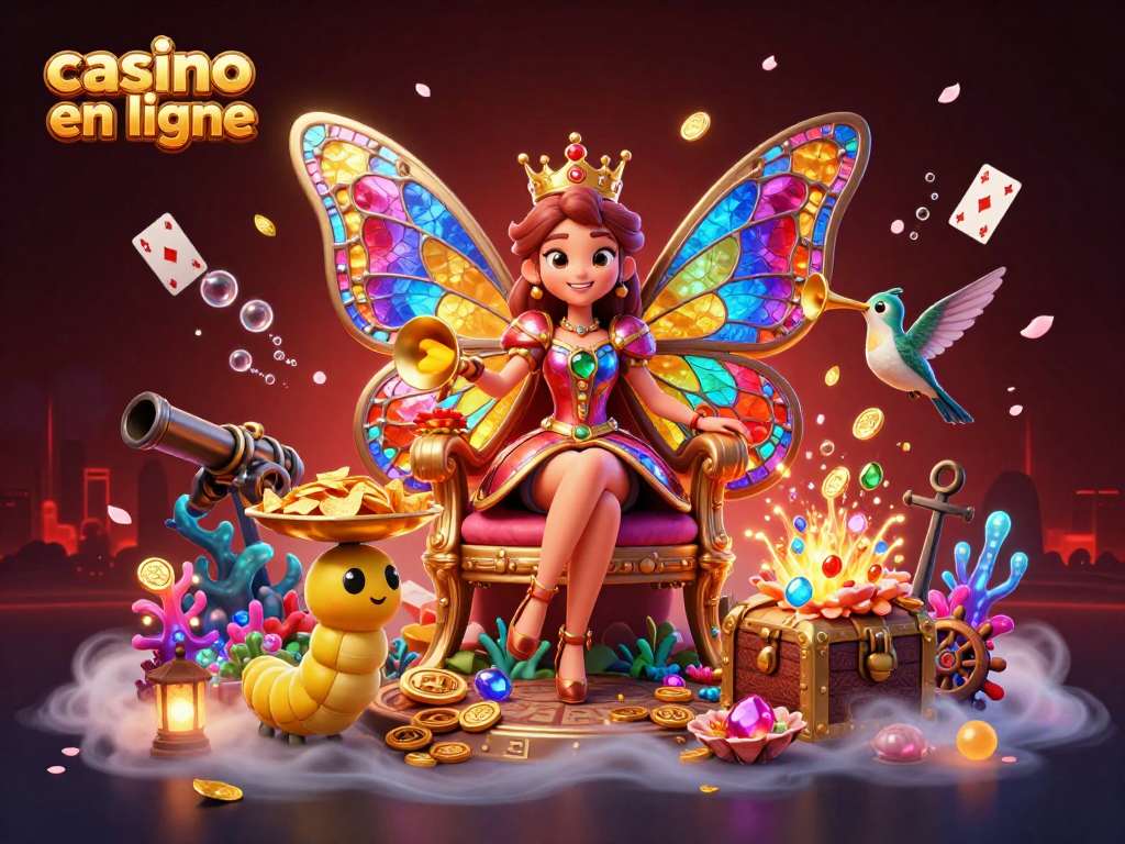 Découvrez le royaume coloré du casino en ligne avec une reine papillon et des pièces d'or étincelantes.
