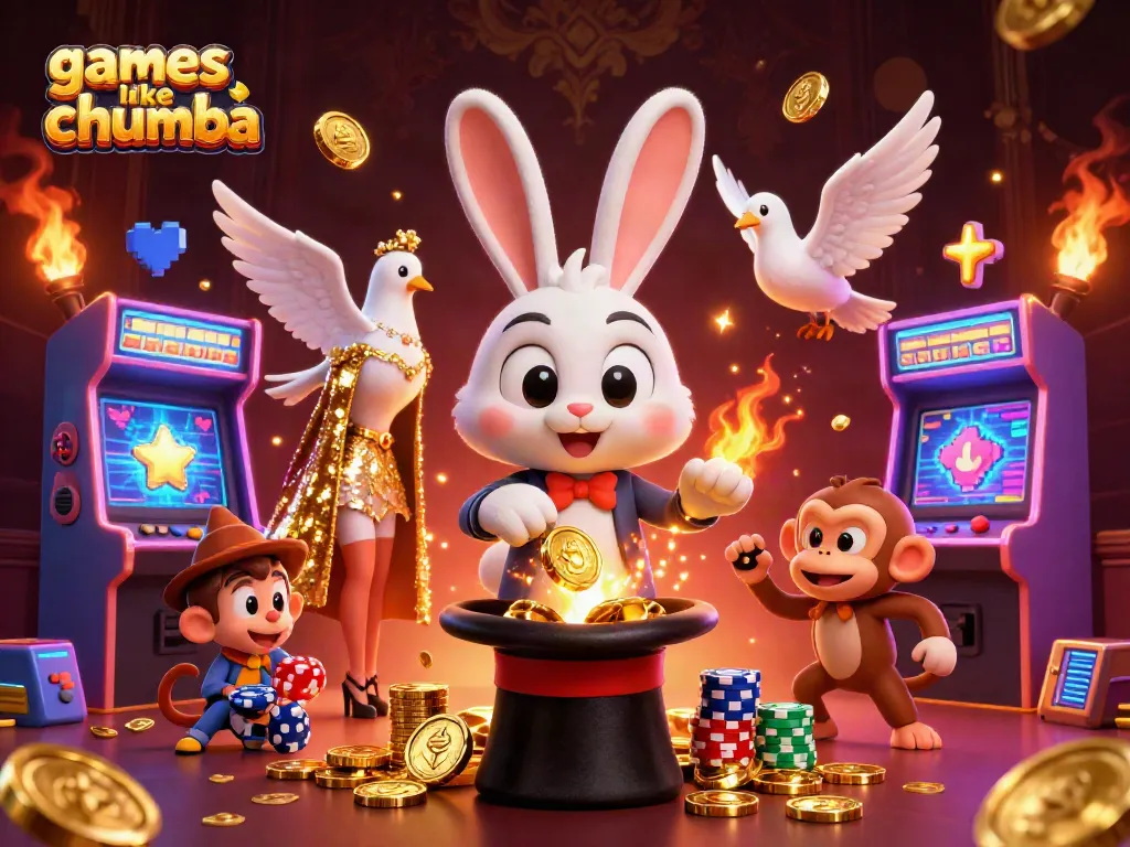 Enjoy thrilling games like Chumba as a magician rabbit collects golden coins in a vibrant casino scene.
