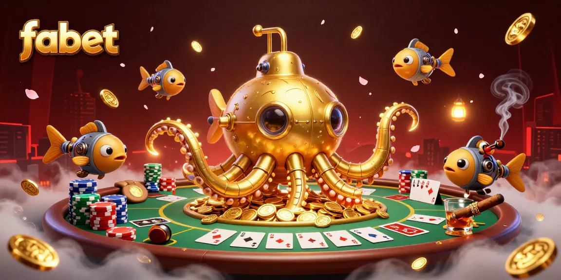 Experience exciting gambling action with fabet's golden kraken submarine amidst colorful poker chips.