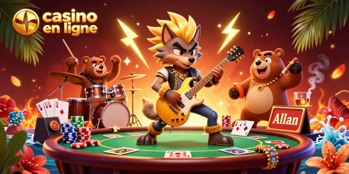 Illustration animée d'un loup rock star sur scène de casino en ligne, entouré de jetons et cartes.