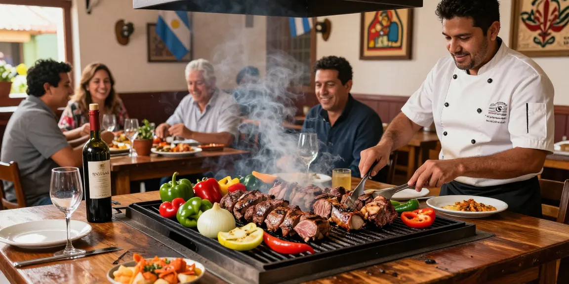Best parrillada argentina near me with chef grilling delicious meats outdoors in a vibrant restaurant setting.