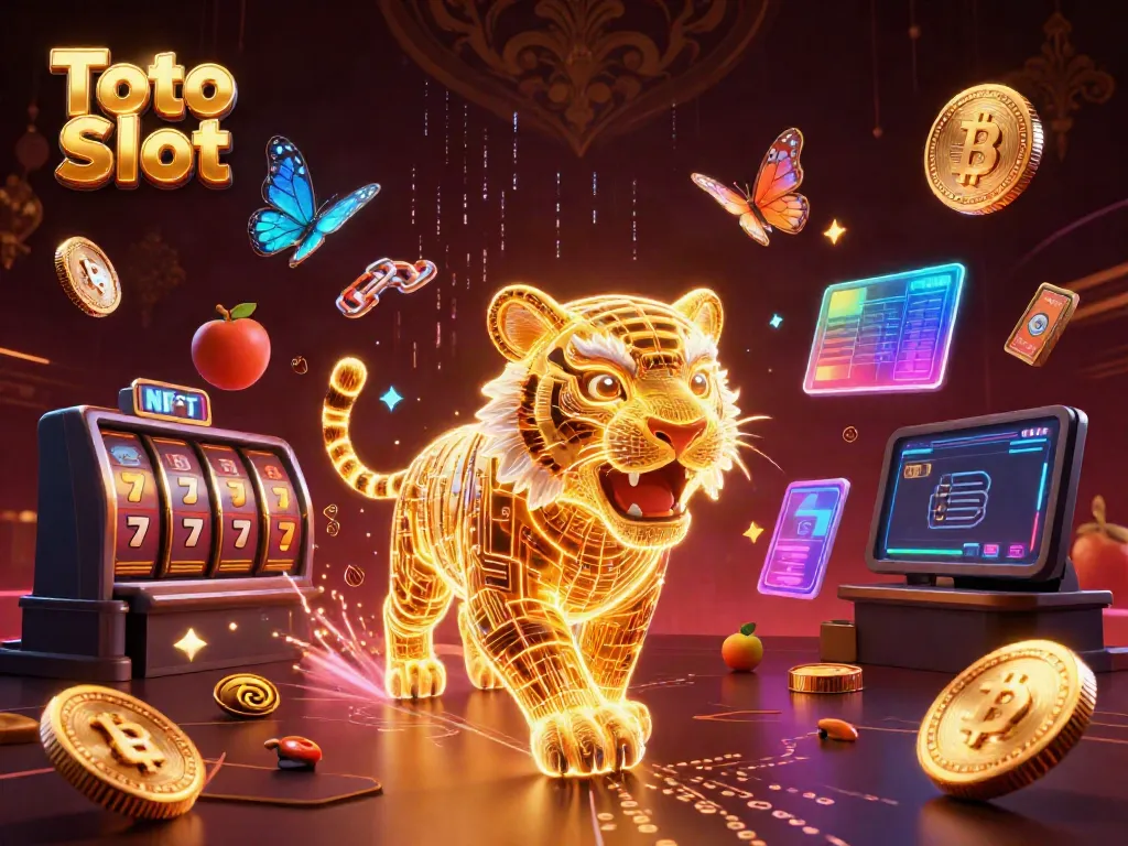 Menangkan permainan Toto Slot dengan harimau emas bercahaya melintas di kasino digital.