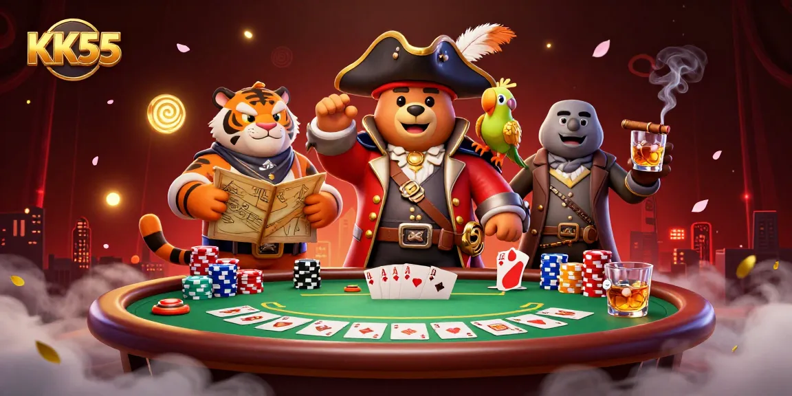 Engage in thrilling poker action with KK55 at an enchanting 3D casino scene.