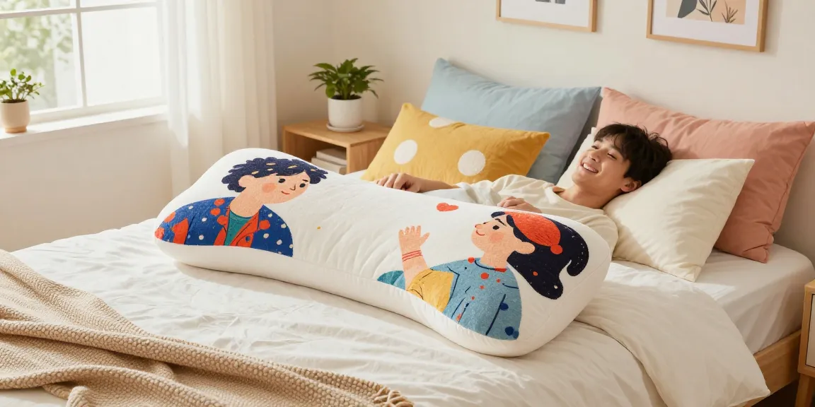 Custom body pillow showcased in a bright, inviting bedroom setting with playful interaction.