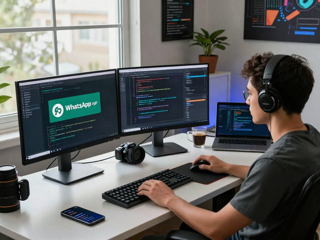 Developer coding on multiple screens featuring gb WhatsApp APK with a modern tech workspace ambiance.