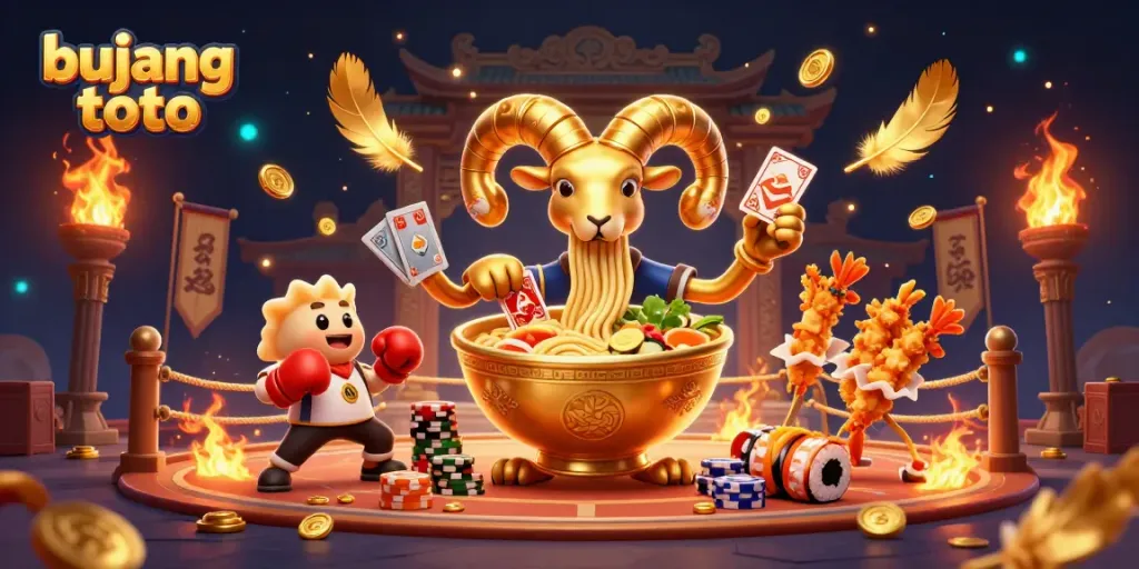 Engage with bujang toto in a vibrant casino battle, featuring a ramen bowl dealing cards amidst a dynamic backdrop.