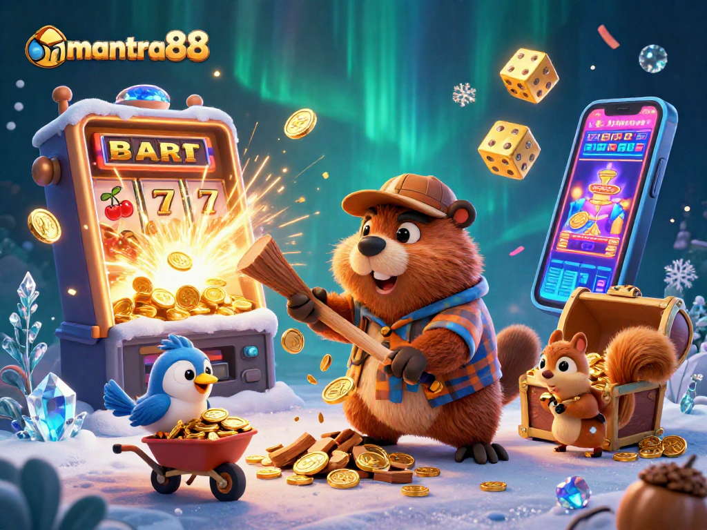 Experience thrilling gameplay with mantra88 as a cheerful cartoon beaver wins coins in a lively casino.