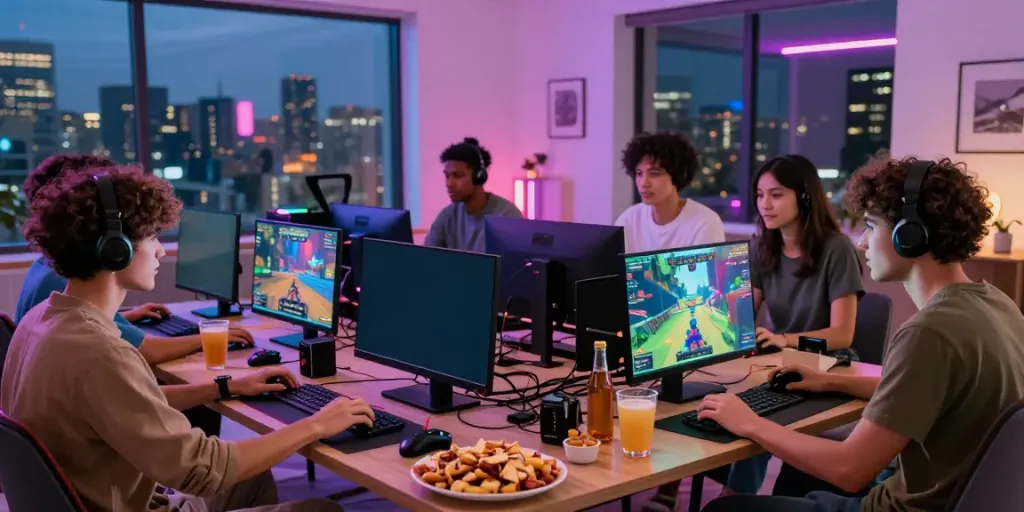 Engaged friends enjoying an exciting koitoto gaming session in a vibrant living room.