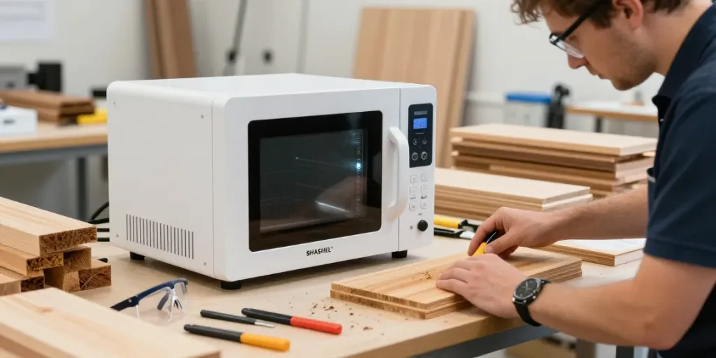 SHASHEL® microwave equipment in a modern workshop for wood-boring insect elimination.
