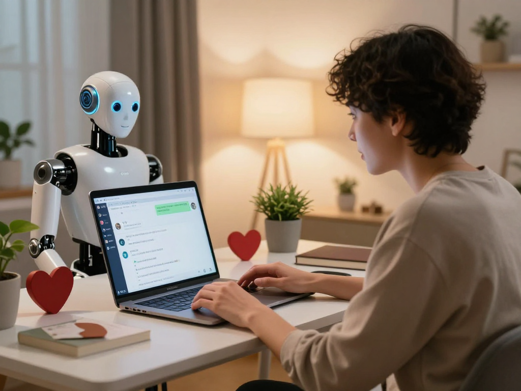 AI girlfriend engaging in conversation with user in cozy workspace.