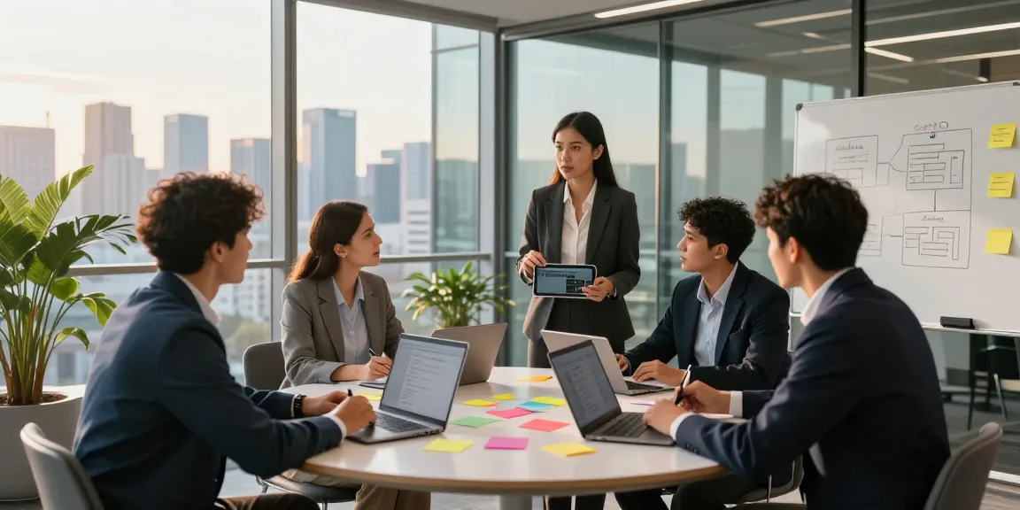 Team collaboration in a modern office environment with bdtjl analysis, showcasing diverse brainstorming during strategy meeting.