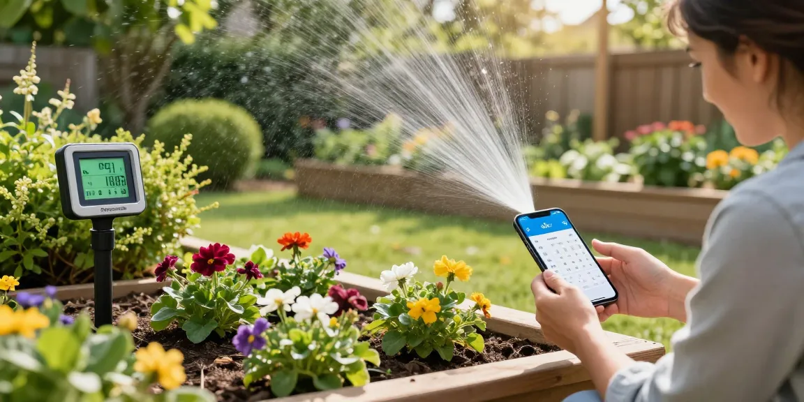 homeowner using rainpoint Irrigation Controllers to optimize watering in a flourishing garden