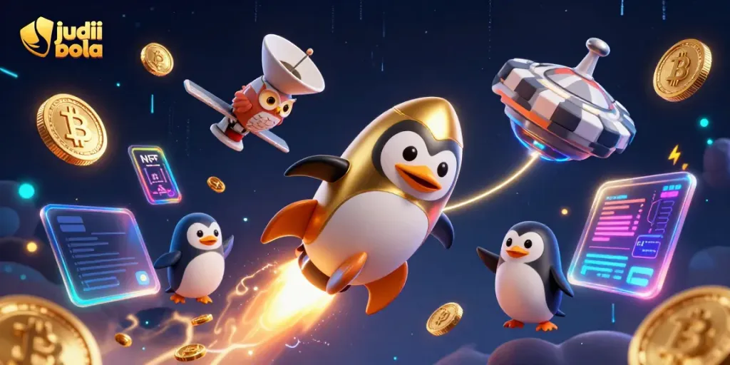 Judi bola dan keseruan taruhan bola dalam ilustrasi 3D dengan penguin emas dan chip poker yang menarik.