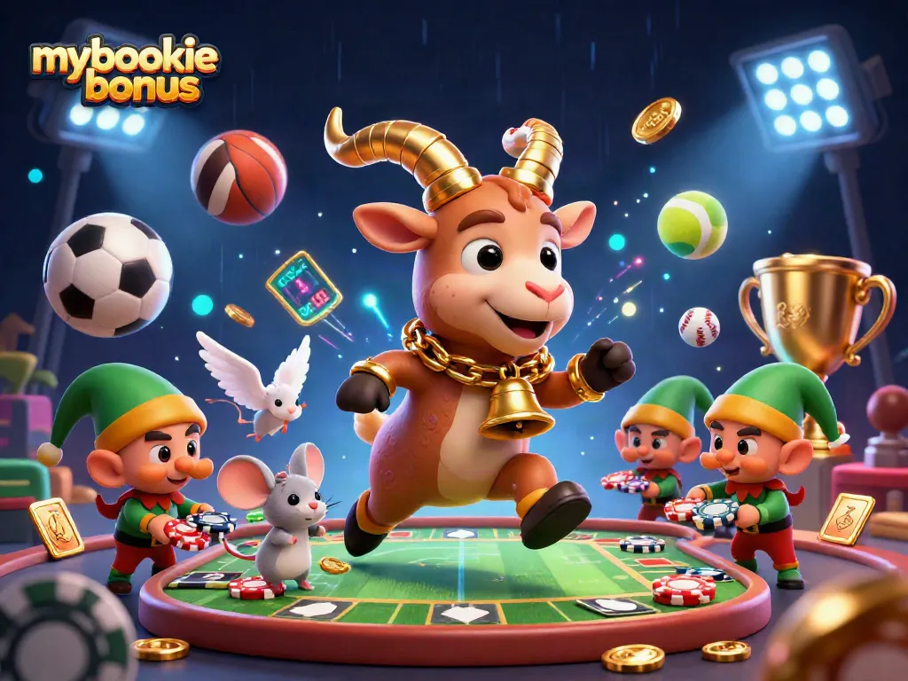 Engage with the mybookie bonus at a festive sports-themed casino, featuring Krampus, an angel mouse, and elf gremlins.