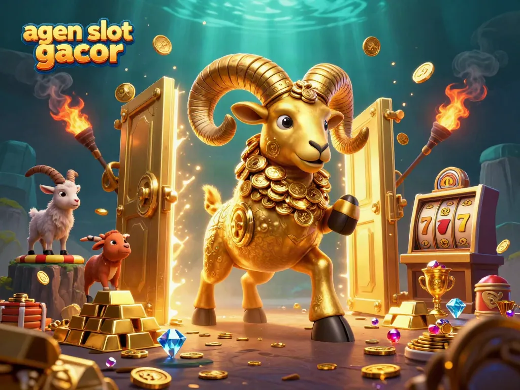 Engage with agen slot gacor and explore vibrant casino elements featuring a golden ram charging through treasures.