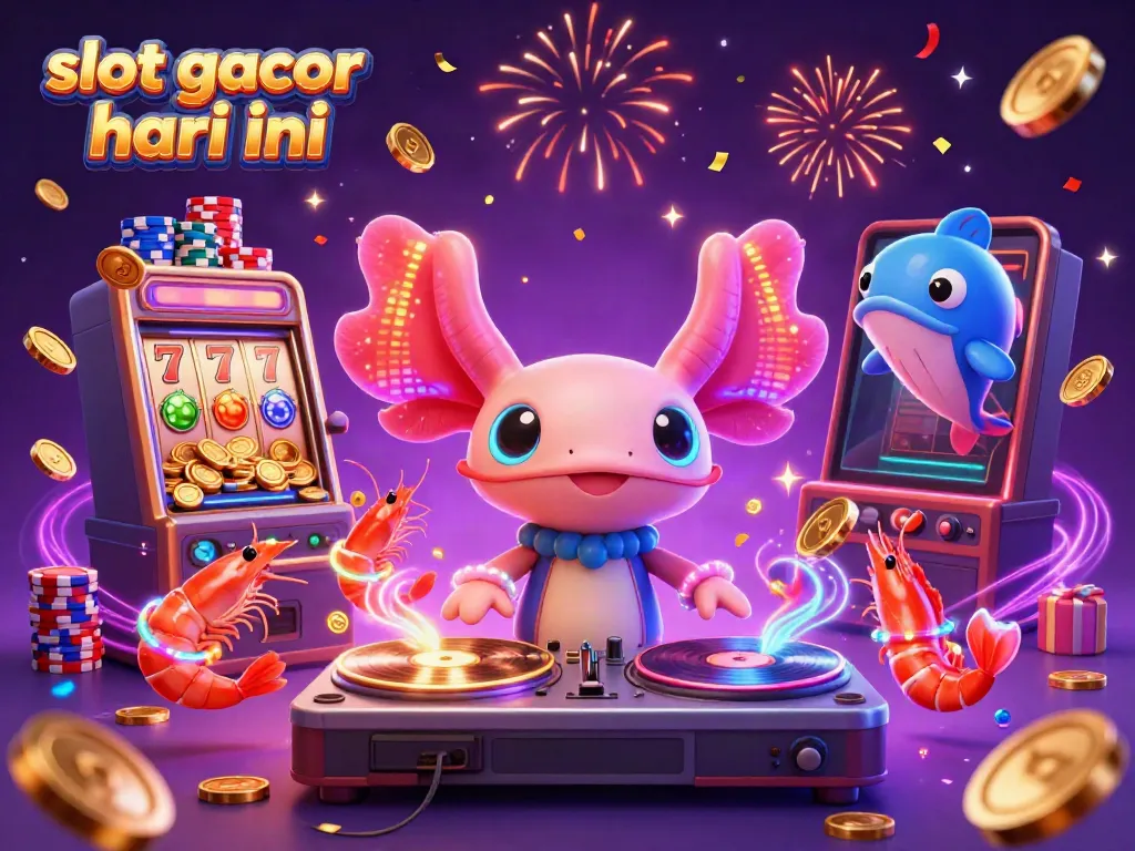 Spin to win with slot gacor hari ini featuring a DJ axolotl in a vibrant casino scene.