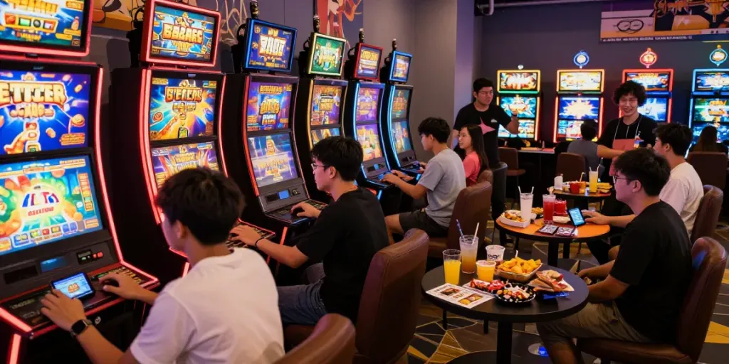 Engaged players enjoying slot online gacor games in a lively gaming lounge.