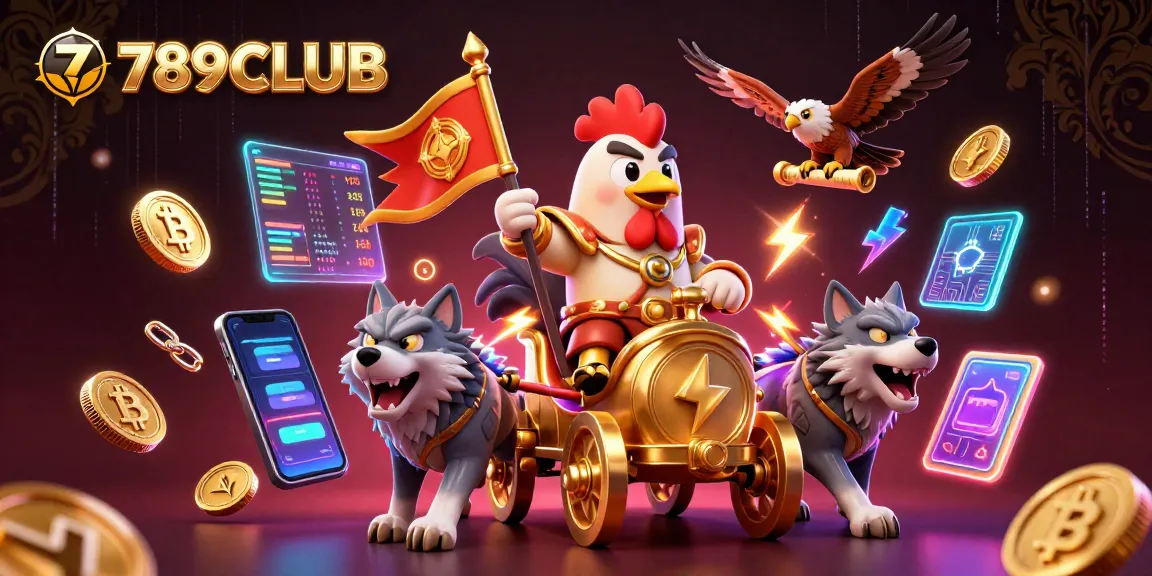 Action-packed scene of 789CLUB featuring a rooster warlord and crypto symbols in a vibrant casino atmosphere.