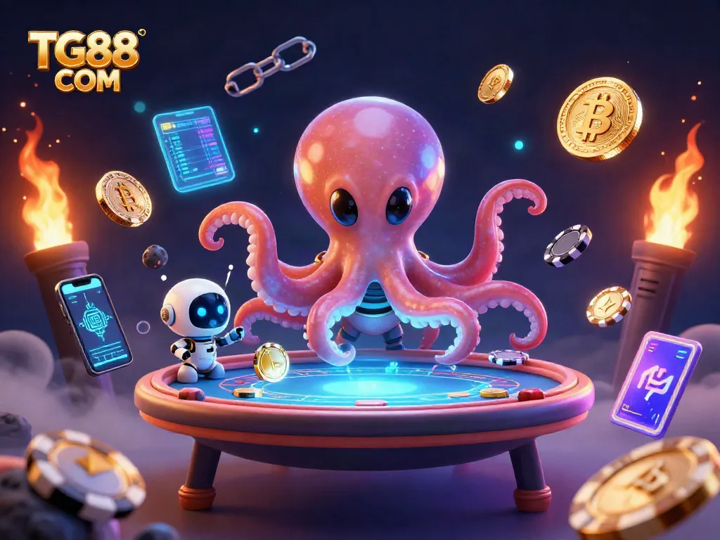 Experience dynamic gameplay at TG88 COM with a cosmic octopus dealer and floating crypto elements.