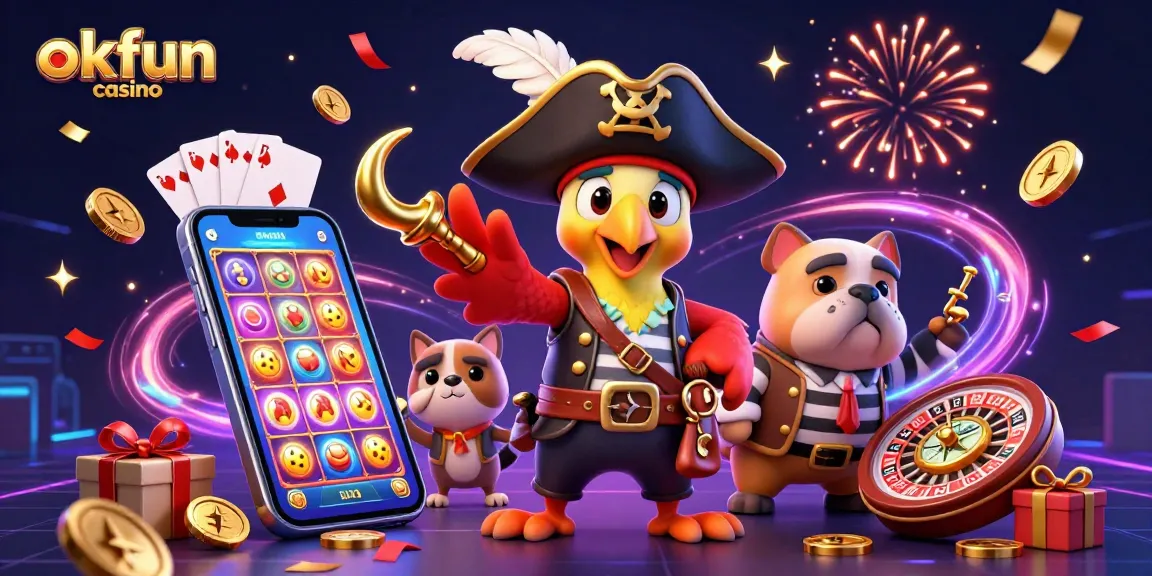 Experience thrilling gameplay with okfun casino's pirate-themed 3D illustration featuring slots and casino elements.