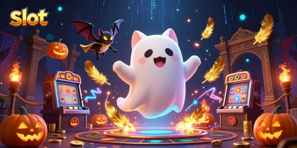 Play exciting slot games in a haunted casino with a ghost cat and bat companion.