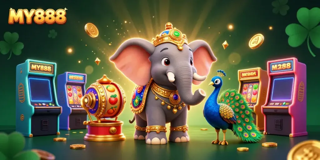 Engage in vibrant online gaming with MY888 featuring exciting slot reels and a festive atmosphere.