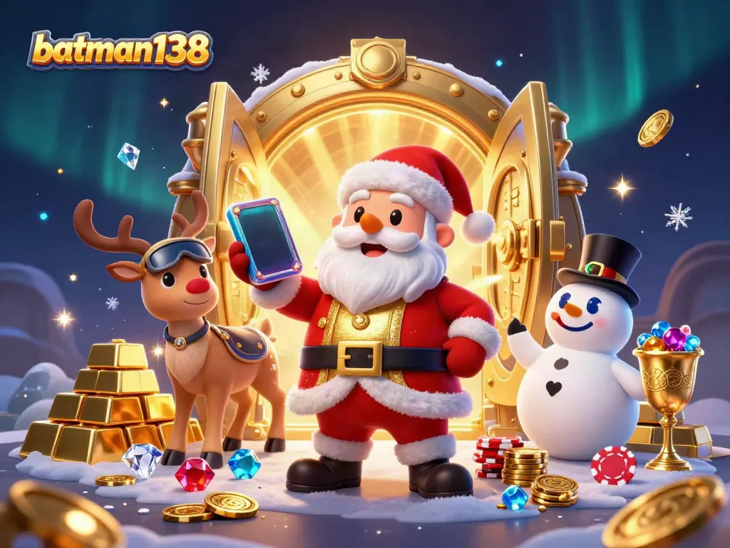 Experience jackpots and fun with batman138 featuring cartoon Santa, reindeer, and snowman in a festive casino scene.