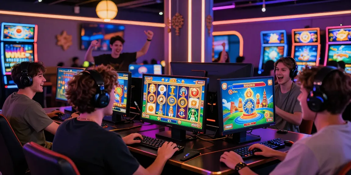Thrilling gaming experience on a situs gacor platform with players celebrating wins at vibrant virtual slot machines.