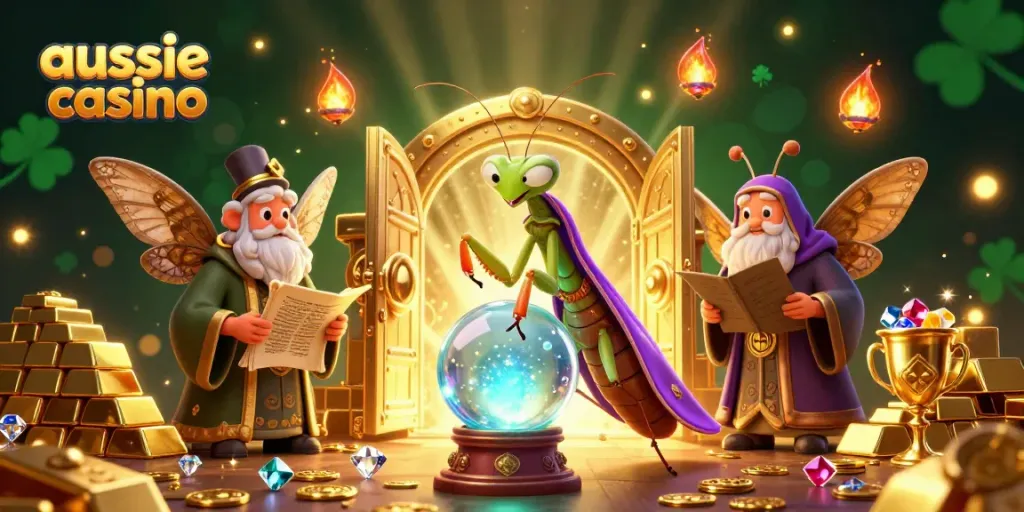 Experience the magic of aussie casino with a vibrant scene of fortune tellers and treasures.
