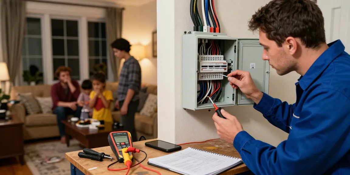 Emergency electrician fixing faulty wiring as this page highlights immediate assistance.
