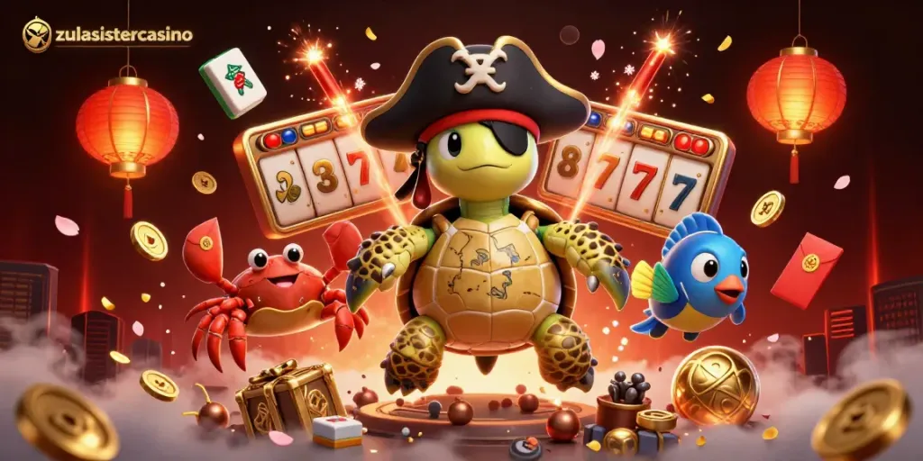 Engage with zulasistercasino's vibrant gaming world featuring a pirate turtle and dynamic gambling elements.